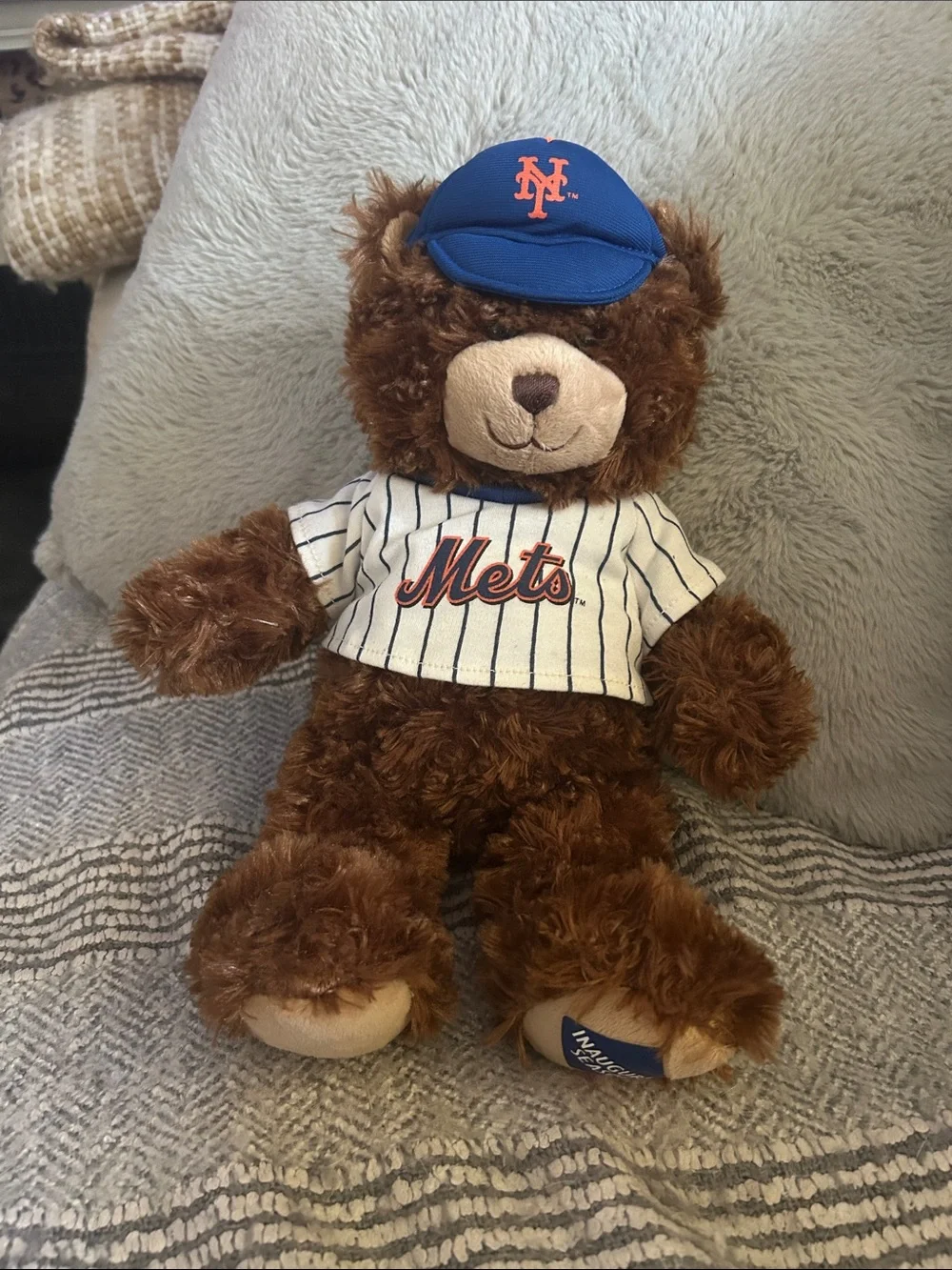 Build-A-Bear Brown Plush Bear with White Pinstripe Mets Jersey and Blue Cap